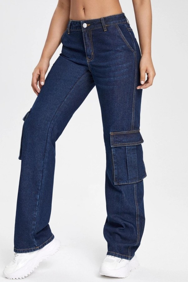 Темно-синие повседневные однотонные лоскутные базовые джинсы прямого кроя с высокой талией