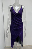 Purple Sexy Solid Patchwork Slit Asymmetrical Spaghetti Strap Sling Dress Dresses