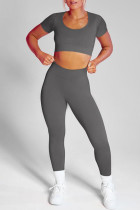 Темно-серый Повседневная спортивная одежда Однотонный Пэчворк О-образный вырез С короткими рукавами Из двух частей