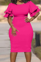 Vestidos de talla grande con falda de un solo paso con cuello en O de retazos sólidos informales de color rojo rosa