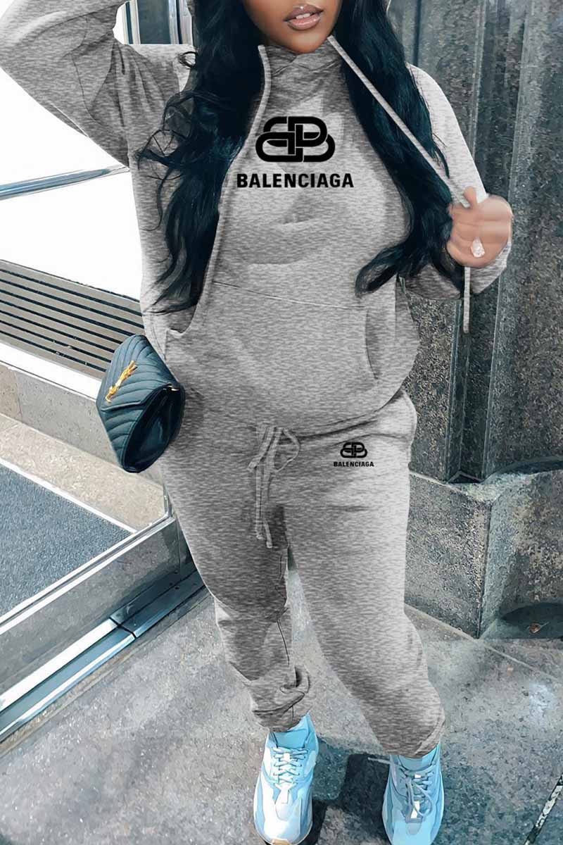 

Grey Casual Print Letter Hooded Collar Long Sleeve Two Pieces