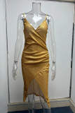 パープル セクシー ソリッド パッチワーク スリット 非対称 スパゲッティ ストラップ スリング ドレス ドレス