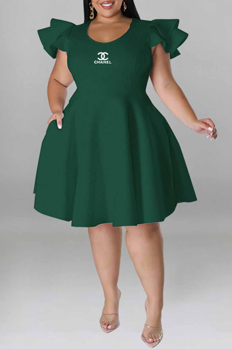

Ink Green Elegant Print Letter O Neck A Line Plus Size Dresses