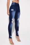 Темно-синие повседневные однотонные рваные джинсы скинни с высокой талией