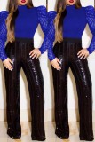 Blue Casual Patchwork Sequins See-through Turtleneck Tops
