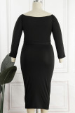 Black Casual Print Bandage Patchwork Off the Shoulder One Step Skirt Plus Size Dresses