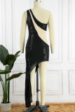 Черное сексуальное платье в стиле пэчворк с блестками, прозрачное платье с разрезом и косым воротником, платье без рукавов