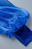 ブルー フォーマル 無地 パッチワーク スリット Vネック ワンステップ スカート ドレス