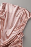 Vestido de manga corta con correa de espagueti y pliegues sin espalda sólido sexy de moda de oro rosa