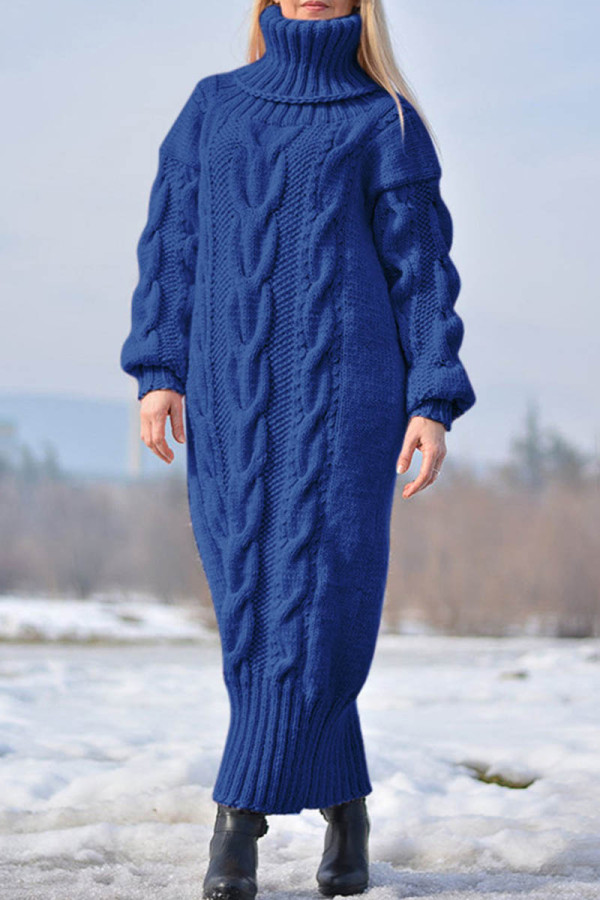 Vestidos de manga longa gola alta casual azul liso patchwork