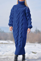 Robes décontractées à col roulé en patchwork uni bleu à manches longues