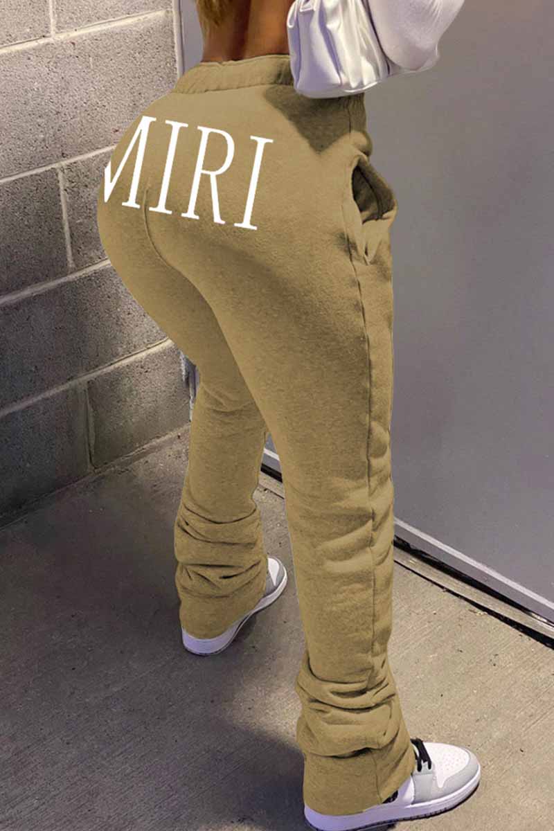 

Khaki Casual Print Letter Straight Mid Waist Bottoms