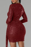 Шампанское сексуальные сплошные блестки лоскутное асимметричное платье с V-образным вырезом и юбкой в ​​один шаг