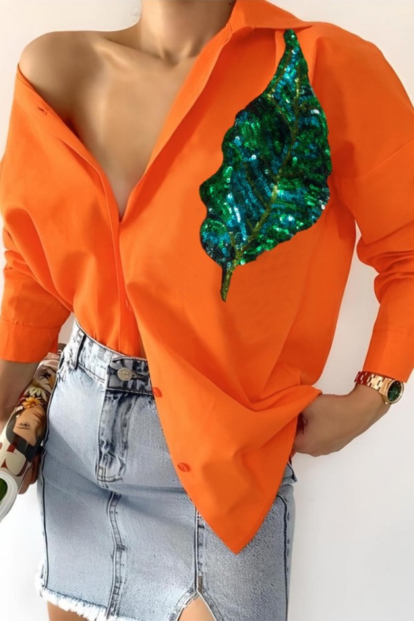 Top con colletto della camicia con paillettes patchwork casual arancioni