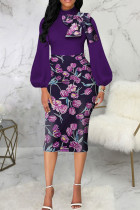 Patchwork estampado elegante casual con lazo medio cuello alto falda de un paso vestidos púrpura