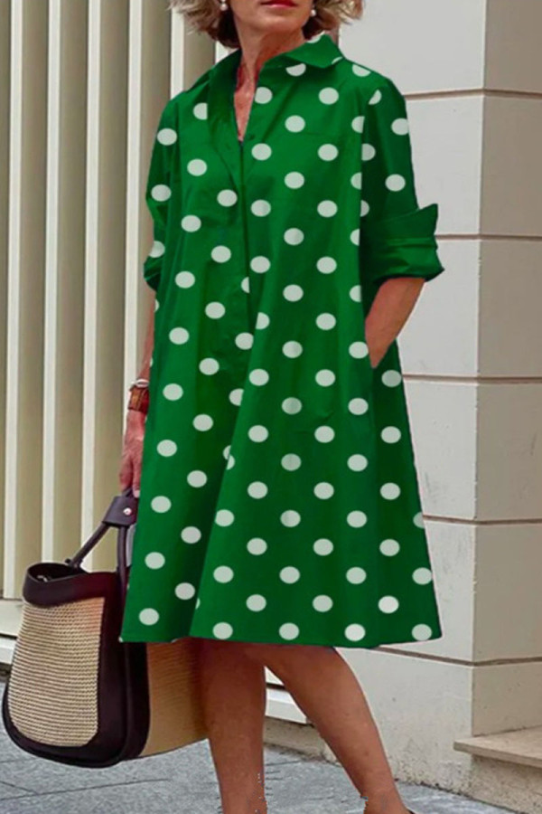 Зеленое повседневное платье-рубашка в горошек с принтом в стиле пэчворк и пряжкой с отложным воротником Платья Платья