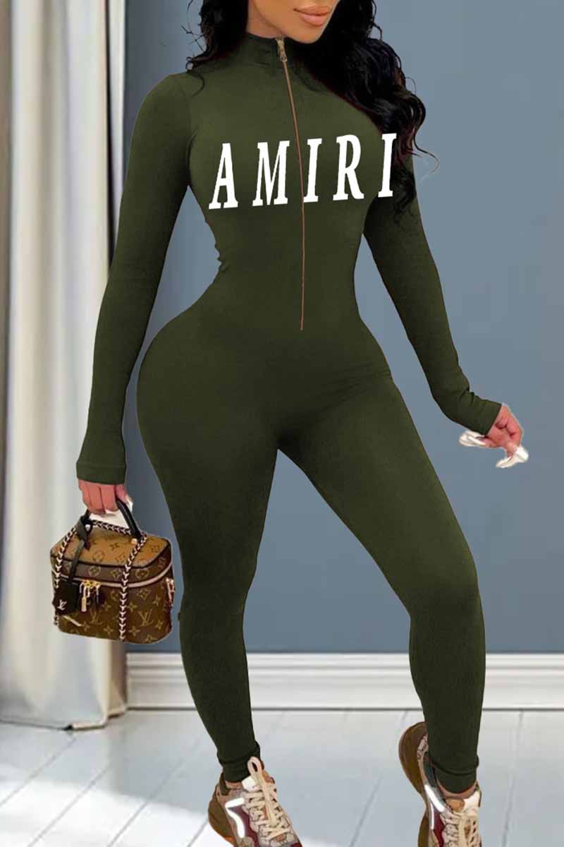 

Army Green Sexy Print Letter Zipper Collar Jumpsuits