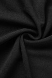 Vestido preto casual sólido patchwork manga curta com decote em V