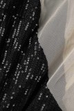 Schwarze, sexy Patchwork-Pailletten, durchsichtige, ärmellose Kleider mit Schlitz und schrägem Kragen