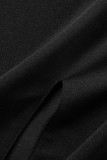 Vestido preto casual sólido patchwork manga curta com decote em V