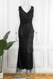 Black Elegant Solid Sequins Patchwork Slit V Neck Evening Dress Dresses