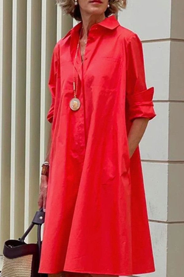 Vestido camisero con cuello vuelto y hebilla de lunares con estampado informal rojo oscuro Vestidos