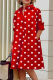 Красное повседневное платье-рубашка в горошек с принтом в стиле пэчворк и пряжкой с отложным воротником Платья Платья