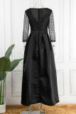 Schwarzes, elegantes, solides Pailletten-Patchwork-Abendkleid mit V-Ausschnitt
