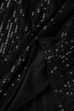 Vestido sin mangas de cuello oblicuo con abertura transparente de lentejuelas de patchwork sexy negro Vestidos