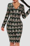 ブルゴーニュのセクシーなスパンコール パッチワーク V ネック ワン ステップ スカート ドレス