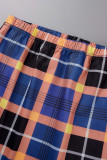 azul naranja casual tartán estampado patchwork hebilla cuello vuelto manga larga dos piezas