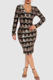 ブルゴーニュのセクシーなスパンコール パッチワーク V ネック ワン ステップ スカート ドレス