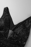 Zwarte elegante effen pailletten patchwork avondjurken met V-hals en split