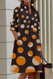 オレンジ ブラック カジュアル プリント ポルカドット パッチワーク バックル ターンダウン カラー シャツ ドレス ドレス