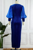Blå formell solid patchwork slits v-hals One Step kjolklänningar