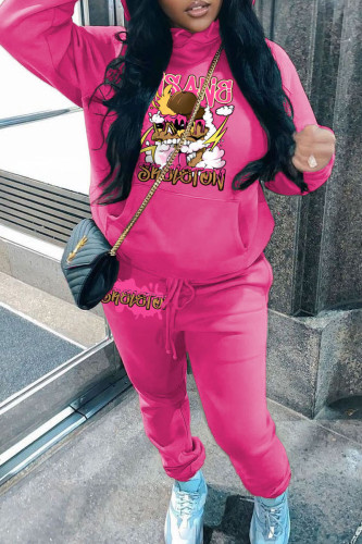 Rose Red Casual Graphcis Print Hooded Collar Long Sleeve Sweatshirt And Pants Sportwear Two Piece Jogger Set