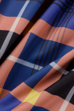 azul naranja casual tartán estampado patchwork hebilla cuello vuelto manga larga dos piezas