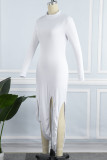 White Casual Solid Patchwork Asymmetrical Half A Turtleneck Irregular Dress Dresses