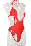Красное сексуальное сплошное выдолбленное лоскутное белье с перьями на Рождество