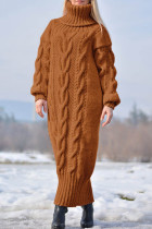 Vestidos de manga larga de cuello alto de patchwork sólido informal color caramelo
