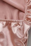 Vestido de manga corta con correa de espagueti y pliegues sin espalda sólido sexy de moda de oro rosa