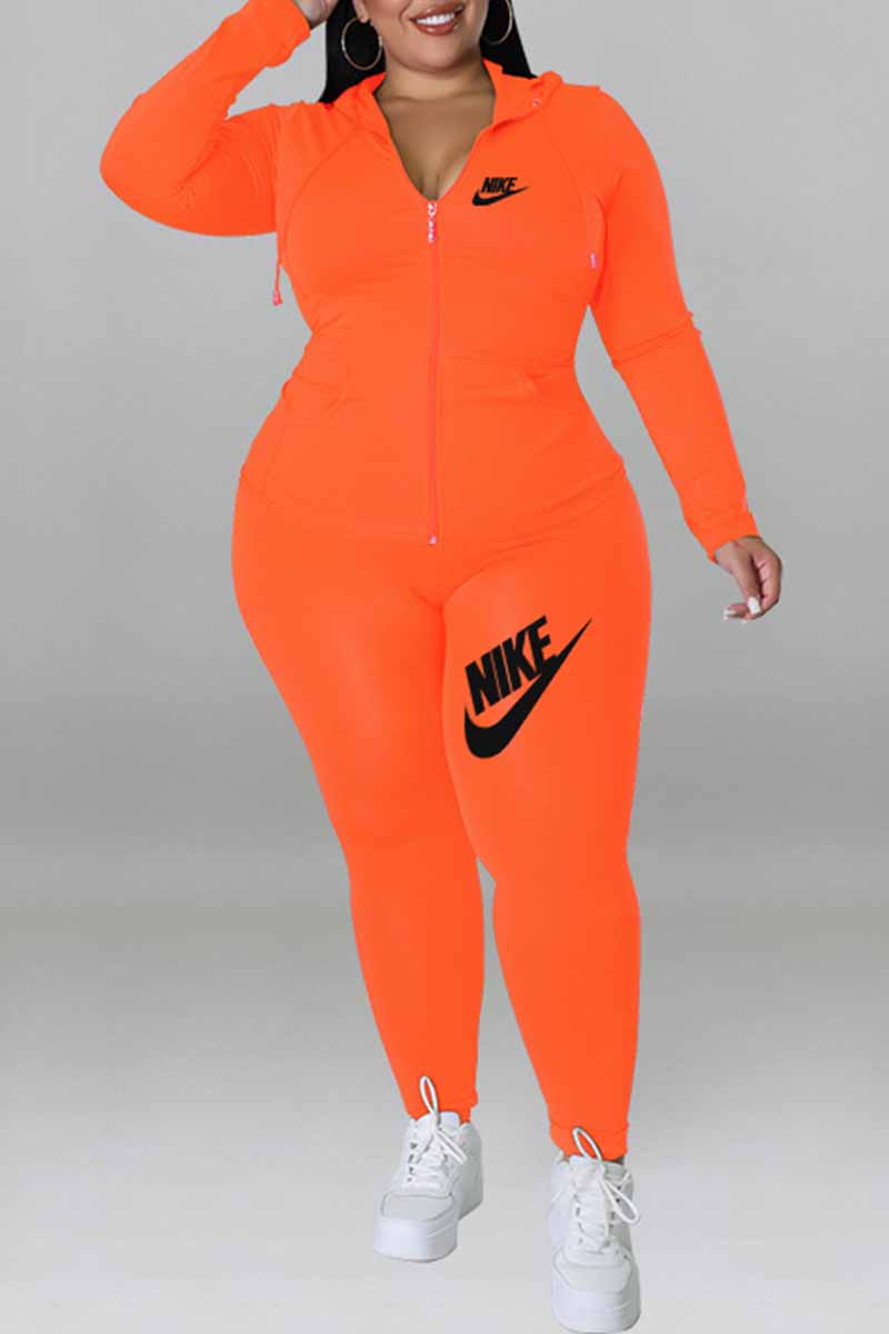 

Orange Street Print Letter Hooded Collar Plus Size Two Pieces