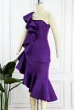 Robe de soirée violette élégante, couleur unie, volants, asymétrique, col asymétrique