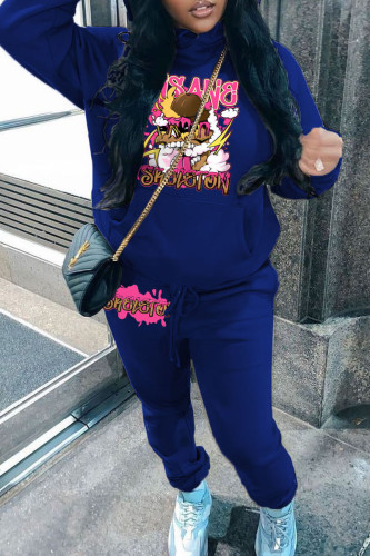 Blue Casual Graphcis Print Hooded Collar Long Sleeve Sweatshirt And Pants Sportwear Two Piece Jogger Set
