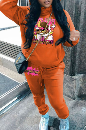 Orange Casual Graphcis Print Hooded Collar Long Sleeve Sweatshirt And Pants Sportwear Two Piece Jogger Set
