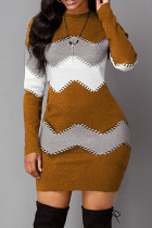Robes de jupe crayon décontractées à col rond et patchwork marron