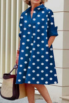 Blue Casual Print Polka Dot Patchwork Buckle Turndown Collar Shirt Dress Dresses