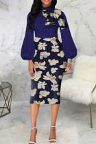 Blue Casual Elegant Print Patchwork With Bow Half A Turtleneck One Step Skirt Dresses