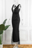 Rosa, elegantes, solides Pailletten-Patchwork-Schlitz mit V-Ausschnitt, Abendkleid, Kleider