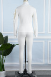 White Casual Solid Bandage Hollowed Out Patchwork Turtleneck Long Sleeve Two Pieces